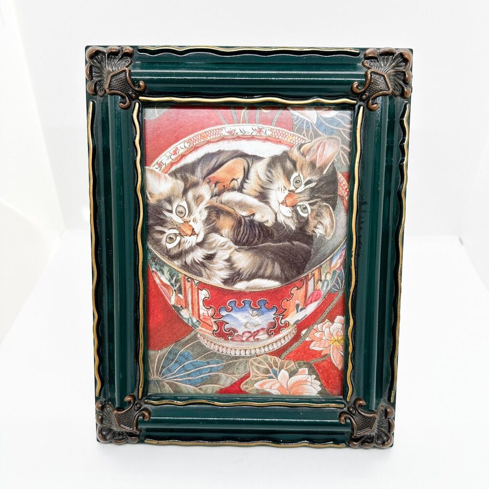 Vintage "Wood" Framed Postcard Cats Kittens Tea Cup China